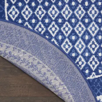 8' Ivory and Navy Blue Geometric Distressed Round Rug