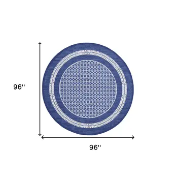 8' Ivory and Navy Blue Geometric Distressed Round Rug