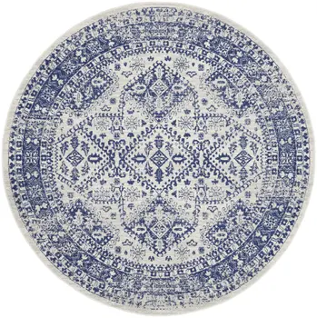 8' Ivory and Navy Blue Geometric Distressed Round Rug