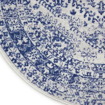 8' Ivory and Navy Blue Geometric Distressed Round Rug
