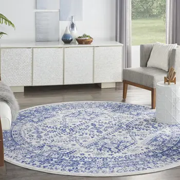 8' Ivory and Navy Blue Geometric Distressed Round Rug
