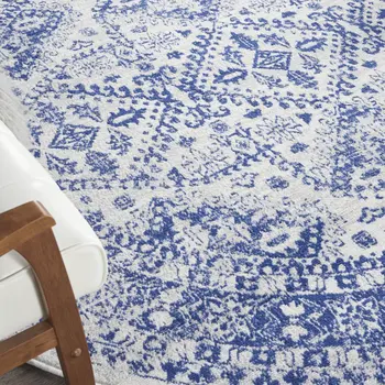 8' Ivory and Navy Blue Geometric Distressed Round Rug