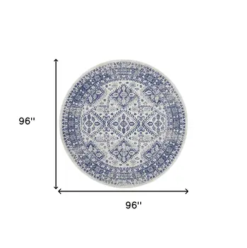 8' Ivory and Navy Blue Geometric Distressed Round Rug