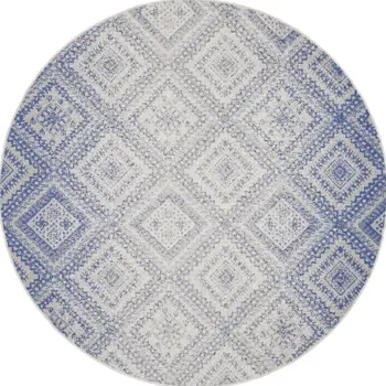 8' Ivory and Blue Geometric Distressed Round Rug