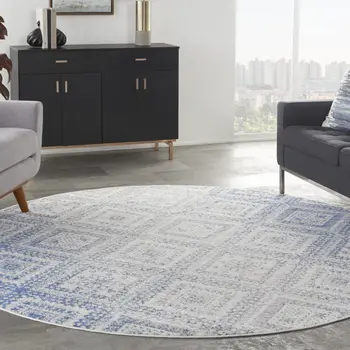 8' Ivory and Blue Geometric Distressed Round Rug