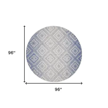 8' Ivory and Blue Geometric Distressed Round Rug
