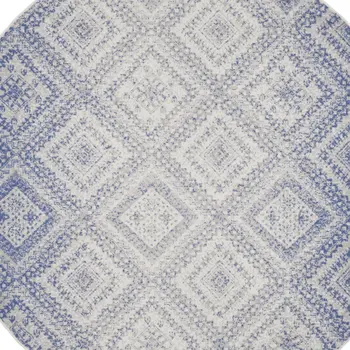 8' Ivory and Blue Geometric Distressed Round Rug