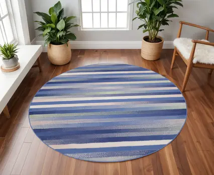 8' Ivory Tan and Blue Striped Round Rug