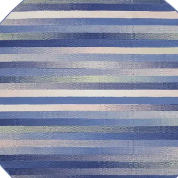 8' Ivory Tan and Blue Striped Round Rug