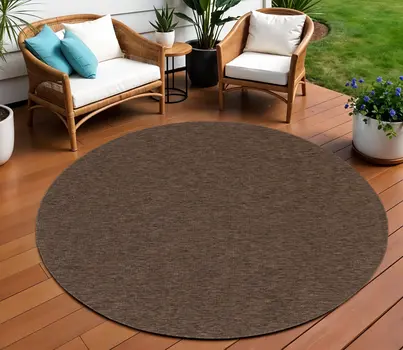 8' Dark Brown And Brown Round Geometric Indoor Outdoor Area Rug