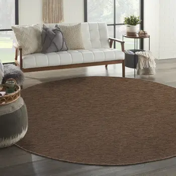 8' Dark Brown And Brown Round Geometric Indoor Outdoor Area Rug
