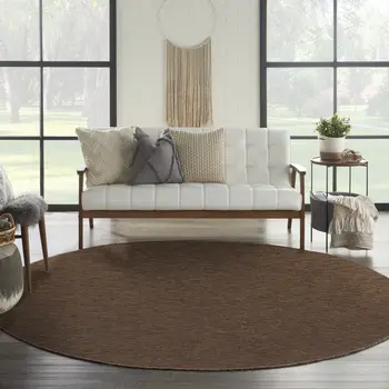 8' Dark Brown And Brown Round Geometric Indoor Outdoor Area Rug