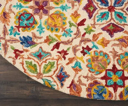8' Ivory Red And Orange Wool Floral Hand Tufted Round Rug