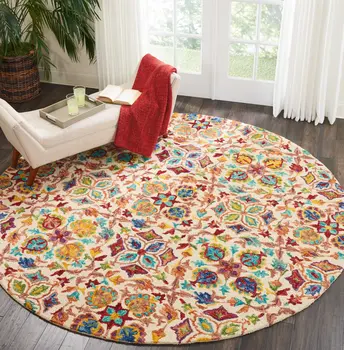 8' Ivory Red And Orange Wool Floral Hand Tufted Round Rug