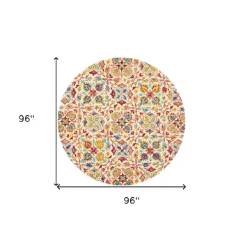 8' Ivory Red And Orange Wool Floral Hand Tufted Round Rug