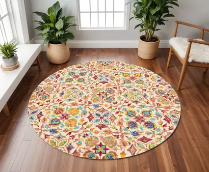 8' Ivory Red And Orange Wool Floral Hand Tufted Round Rug
