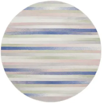 8' Ivory Tan and Blue Striped Round Rug