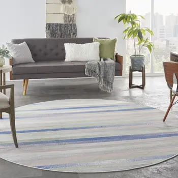 8' Ivory Tan and Blue Striped Round Rug