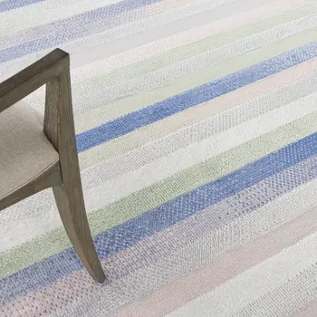 8' Ivory Tan and Blue Striped Round Rug