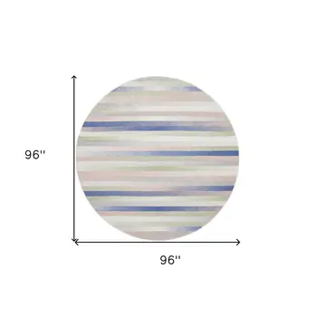 8' Ivory Tan and Blue Striped Round Rug