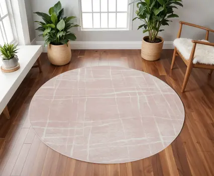 8' Pink and Ivory Abstract Round Rug