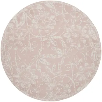 8' Pink and Ivory Floral Distressed Round Rug