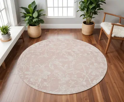 8' Pink and Ivory Floral Distressed Round Rug