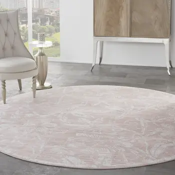 8' Pink and Ivory Floral Distressed Round Rug