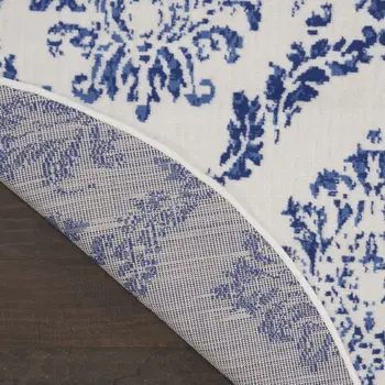 8' Ivory and Navy Blue Damask Distressed Round Rug