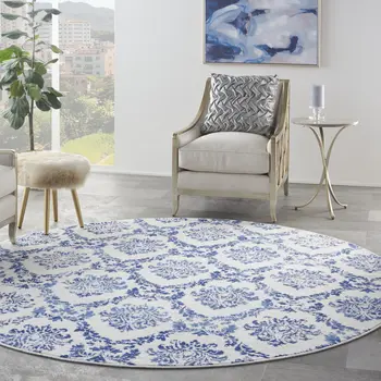 8' Ivory and Navy Blue Damask Distressed Round Rug