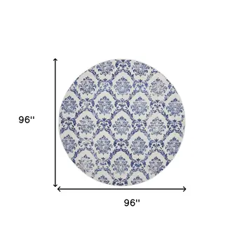 8' Ivory and Navy Blue Damask Distressed Round Rug