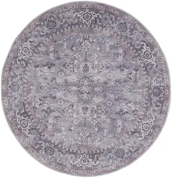 8' Gray Round Floral Power Loom Distressed Area Rug