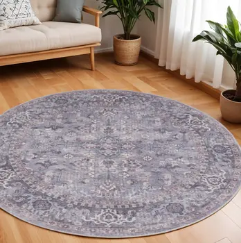 8' Gray Round Floral Power Loom Distressed Area Rug