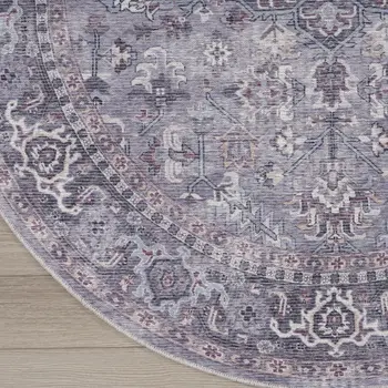 8' Gray Round Floral Power Loom Distressed Area Rug
