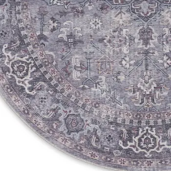 8' Gray Round Floral Power Loom Distressed Area Rug