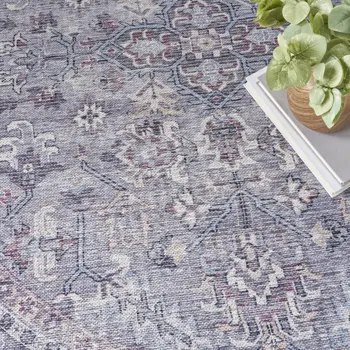 8' Gray Round Floral Power Loom Distressed Area Rug