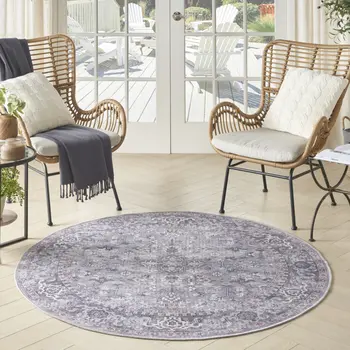 8' Gray Round Floral Power Loom Distressed Area Rug