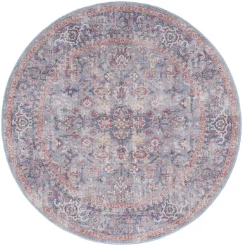 8' Blue and Red Round Floral Power Loom Distressed Area Rug