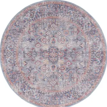 8' Blue and Red Round Floral Power Loom Distressed Area Rug