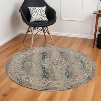 6' Ivory Brown And Gray Floral Distressed Round Rug