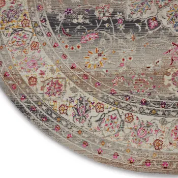 6' Ivory Brown And Gray Floral Distressed Round Rug