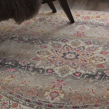 6' Ivory Brown And Gray Floral Distressed Round Rug
