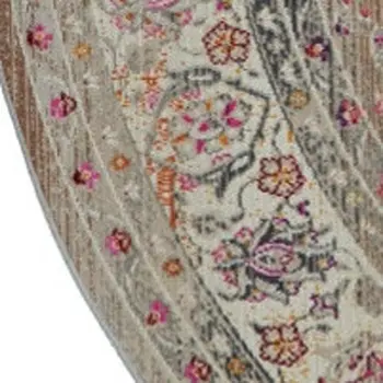 6' Ivory Brown And Gray Floral Distressed Round Rug