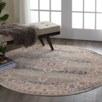 6' Ivory Brown And Gray Floral Distressed Round Rug