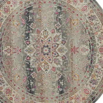 6' Ivory Brown And Gray Floral Distressed Round Rug