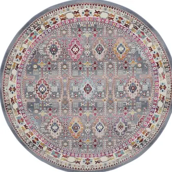 6' Ivory Pink And Gray Floral Distressed Round Rug