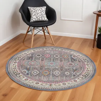 6' Ivory Pink And Gray Floral Distressed Round Rug