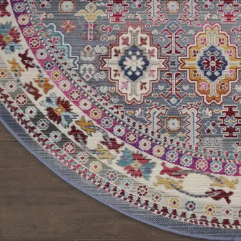 6' Ivory Pink And Gray Floral Distressed Round Rug