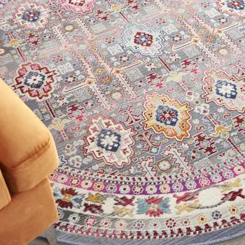 6' Ivory Pink And Gray Floral Distressed Round Rug
