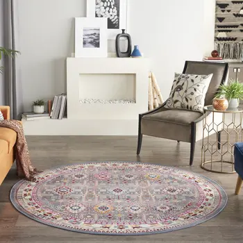 6' Ivory Pink And Gray Floral Distressed Round Rug